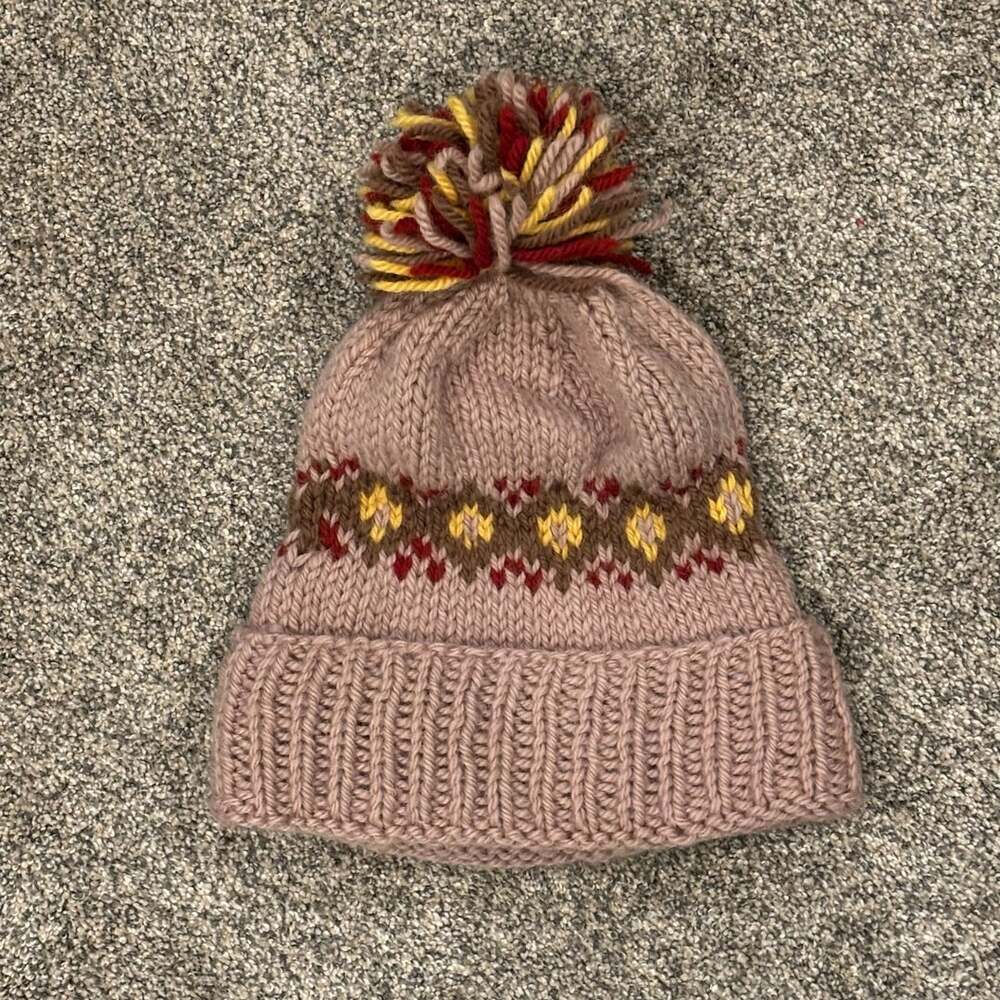 Handmade Fair Isle Knit Beanie with Pom Pom Hat One Size